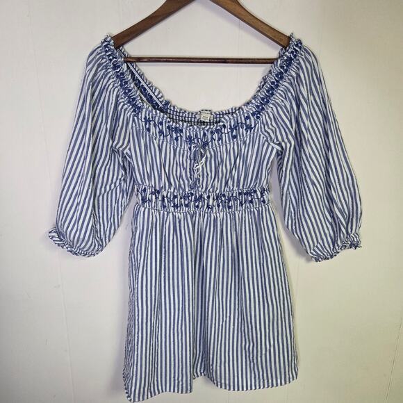 American Eagle Milkmaid Coquette Embroidered Blue Striped Mini Dress Size Small - Picture 1 of 7